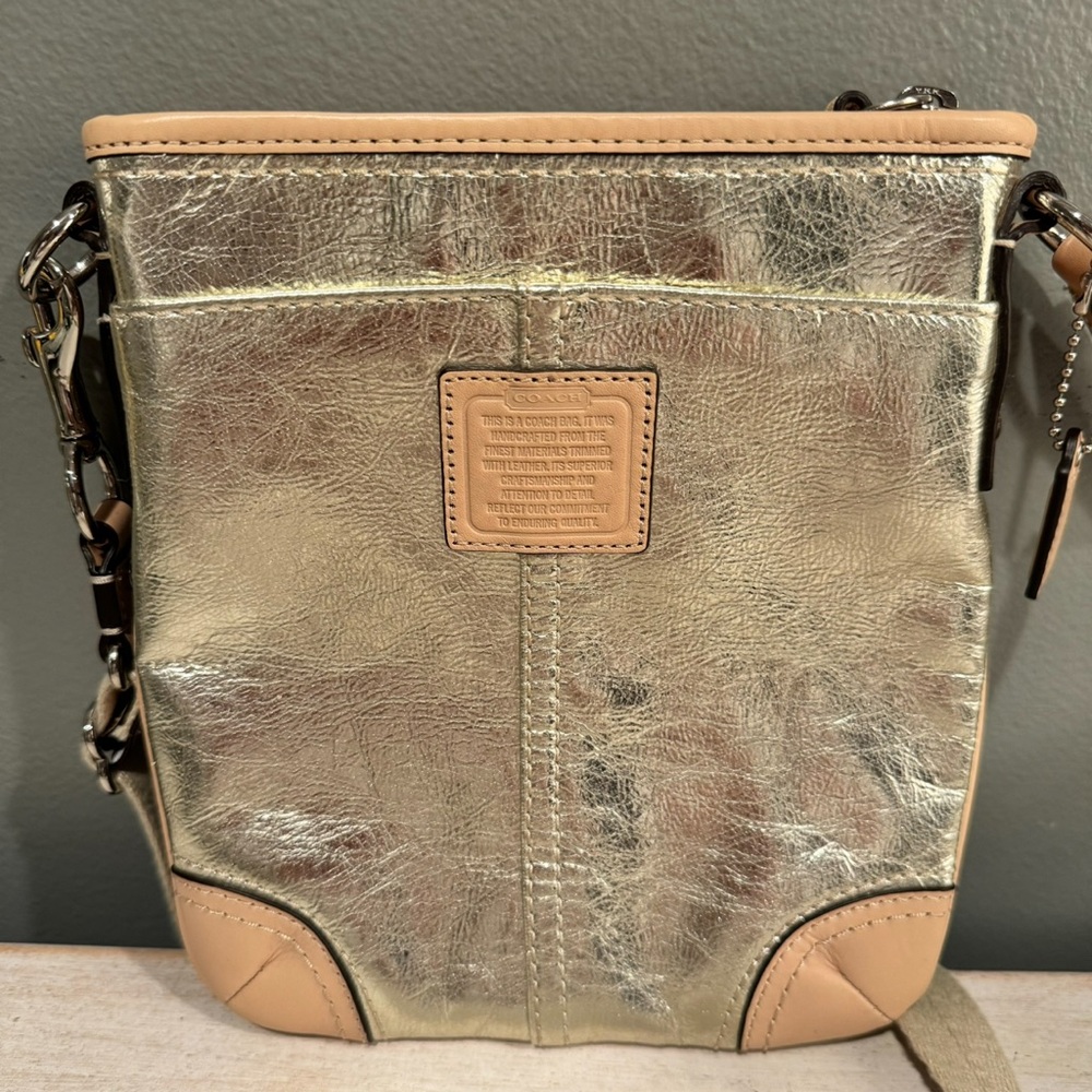 Coach Metallic Gold Crossbody Bag With Adjustable Strap & Leather Trim